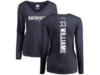 #33 Joejuan Williams Navy Blue Football Backer Slim Fit Women's New England Patriots Long Sleeve T-Shirt