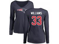 #33 Joejuan Williams Navy Blue Football Name & Number Logo Slim Fit Women's New England Patriots Long Sleeve T-Shirt