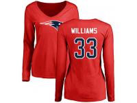 #33 Joejuan Williams Red Football Name & Number Logo Slim Fit Women's New England Patriots Long Sleeve T-Shirt