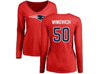 #50 Chase Winovich Red Football Name & Number Logo Slim Fit Women's New England Patriots Long Sleeve T-Shirt