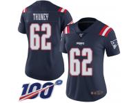 #62 Limited Joe Thuney Navy Blue Football Women's Jersey New England Patriots Rush Vapor Untouchable 100th Season