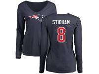 #8 Jarrett Stidham Navy Blue Football Name & Number Logo Slim Fit Women's New England Patriots Long Sleeve T-Shirt