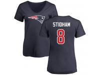 #8 Jarrett Stidham Navy Blue Football Name & Number Logo Slim Fit Women's New England Patriots T-Shirt