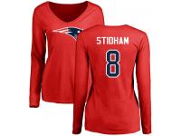 #8 Jarrett Stidham Red Football Name & Number Logo Slim Fit Women's New England Patriots Long Sleeve T-Shirt