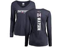 #84 Benjamin Watson Navy Blue Football Backer Slim Fit Women's New England Patriots Long Sleeve T-Shirt