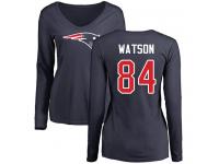 #84 Benjamin Watson Navy Blue Football Name & Number Logo Slim Fit Women's New England Patriots Long Sleeve T-Shirt