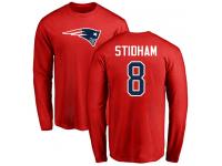 Men #8 Jarrett Stidham Red Football Name & Number Logo New England Patriots Long Sleeve T-Shirt