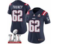 Women's Nike New England Patriots #62 Joe Thuney Limited Navy Blue Rush Super Bowl LI 51 NFL Jersey