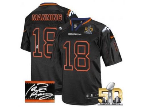 Elite Peyton Manning Men Jersey - Denver Broncos #18 Autographed Lights Out Black Super Bowl 50 Bound Nike NFL