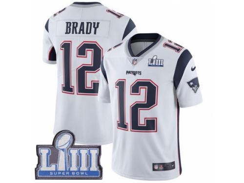 Men Nike New England Patriots #12 Tom Brady White Vapor Untouchable Limited Player Super Bowl LIII Bound NFL Jersey