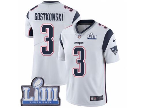 Men Nike New England Patriots #3 Stephen Gostkowski White Vapor Untouchable Limited Player Super Bowl LIII Bound NFL Jersey