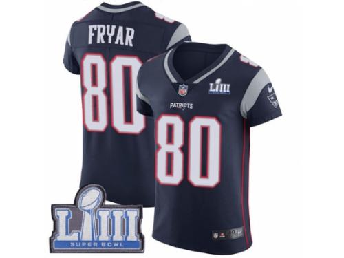 Men Nike New England Patriots #80 Irving Fryar Navy Blue Team Color Vapor Untouchable Elite Player Super Bowl LIII Bound NFL Jersey