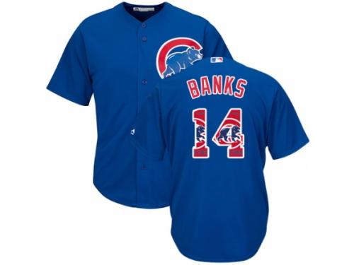 Men's Majestic Chicago Cubs #14 Ernie Banks Royal Blue Team Logo Fashion Cool Base MLB Jersey