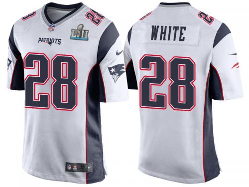 NEW ENGLAND PATRIOTS #28 JAMES WHITE WHITE SUPER BOWL LII BOUND GAME JERSEY