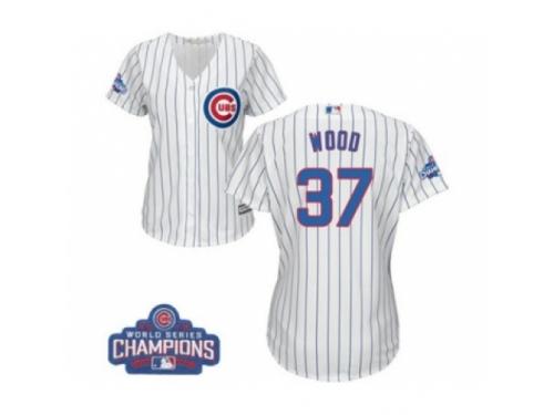 Women Majestic Chicago Cubs #37 Travis Wood Authentic White Home 2016 World Series Champions Cool Base MLB Jersey