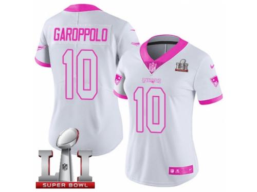 Women's Nike New England Patriots #10 Jimmy Garoppolo Limited White Pink Rush Fashion Super Bowl LI 51 NFL Jersey